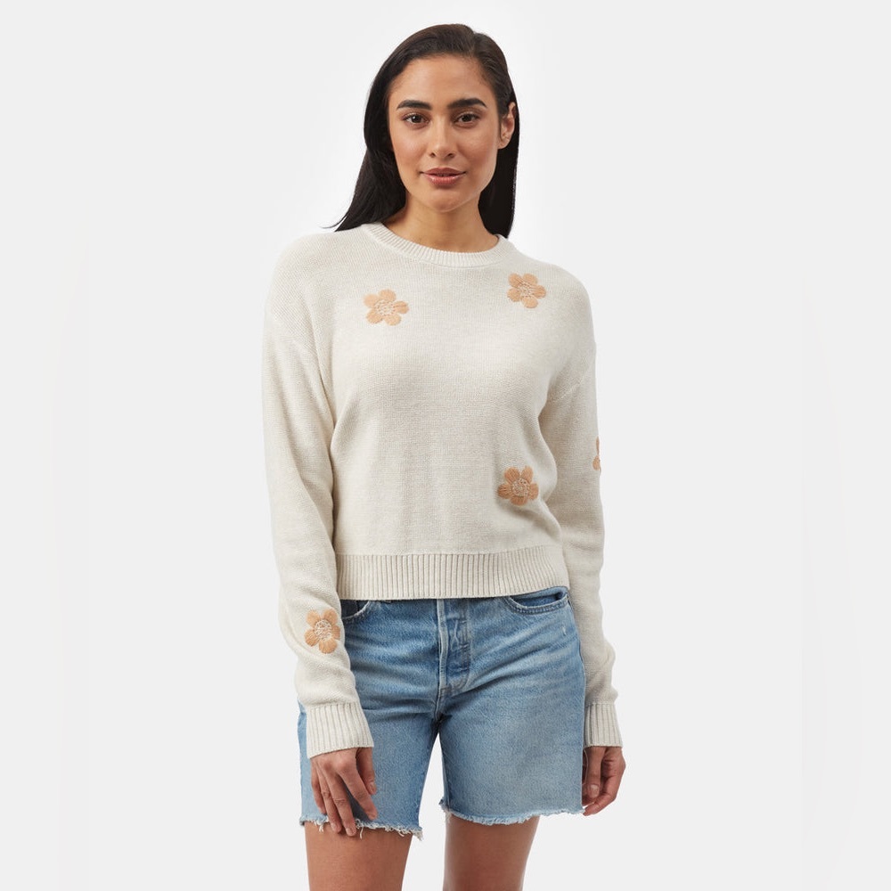 Tentree Embroidered Floral Appliqués Crew Knit Sweater XS Cotton Drop Shoulder